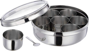 smart "serve" Stainless Steel Masala (Spice) Box/Dabba/Organiser with 7 Containers and Small Spoon Size No. 11 (19cm Dia)
