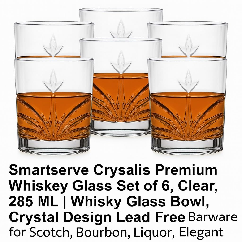 smart "serve" Crysalis Premium Whiskey Glass Set of 6, Clear, 285 ML | Bulgarian Imported, Crystal Design Lead Free Barware for Scotch, Bourbon, Liquor, Elegant Barware for Home, Parties & Gifts