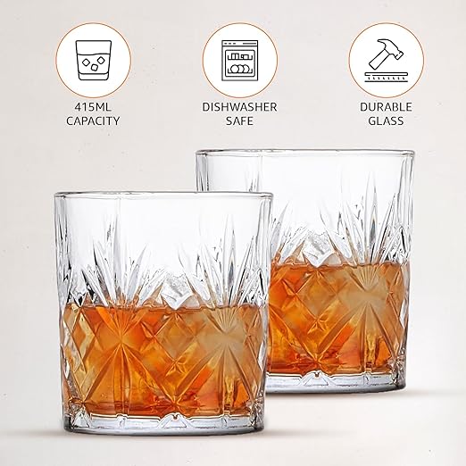 smart "serve" Diamond Cut Whiskey Glasses 340ml, Set of 6, Perfect Bar Glasses for Drinking Whisky, Bourbon, Scotch, Cocktails, Cognac- Old Fashioned Cocktail Tumblers, Classic Cut Design.
