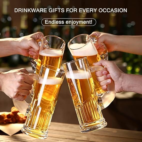 Smartserve Crystal Muscle Beer Mug Set of 6 | 600ml Heavy Clear Glass Beer Mugs | Premium Lead-Free Crystal Barware | Freezer Safe Thick Handle Large Beer Glass Set for Home, Bar & Parties