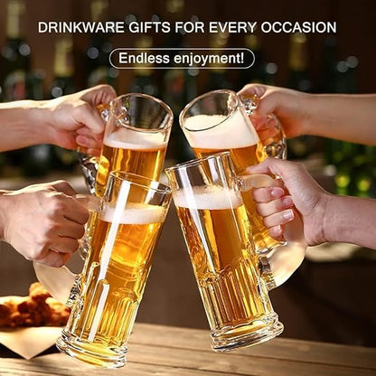 Smartserve Crystal Muscle Beer Mug Set of 6 | 600ml Heavy Clear Glass Beer Mugs | Premium Lead-Free Crystal Barware | Freezer Safe Thick Handle Large Beer Glass Set for Home, Bar & Parties