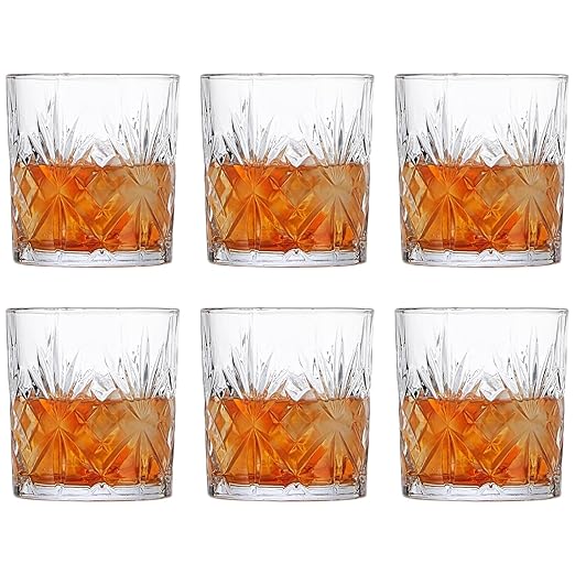 smart "serve" Diamond Cut Whiskey Glasses 340ml, Set of 6, Perfect Bar Glasses for Drinking Whisky, Bourbon, Scotch, Cocktails, Cognac- Old Fashioned Cocktail Tumblers, Classic Cut Design.