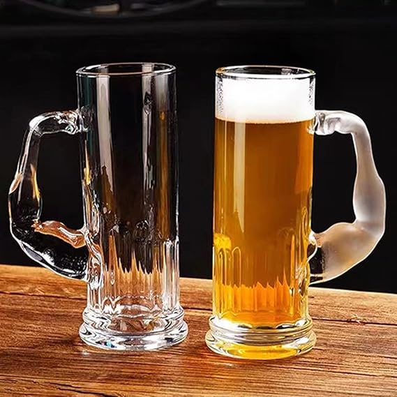Smartserve Crystal Muscle Beer Mug Set of 6 | 600ml Heavy Clear Glass Beer Mugs | Premium Lead-Free Crystal Barware | Freezer Safe Thick Handle Large Beer Glass Set for Home, Bar & Parties