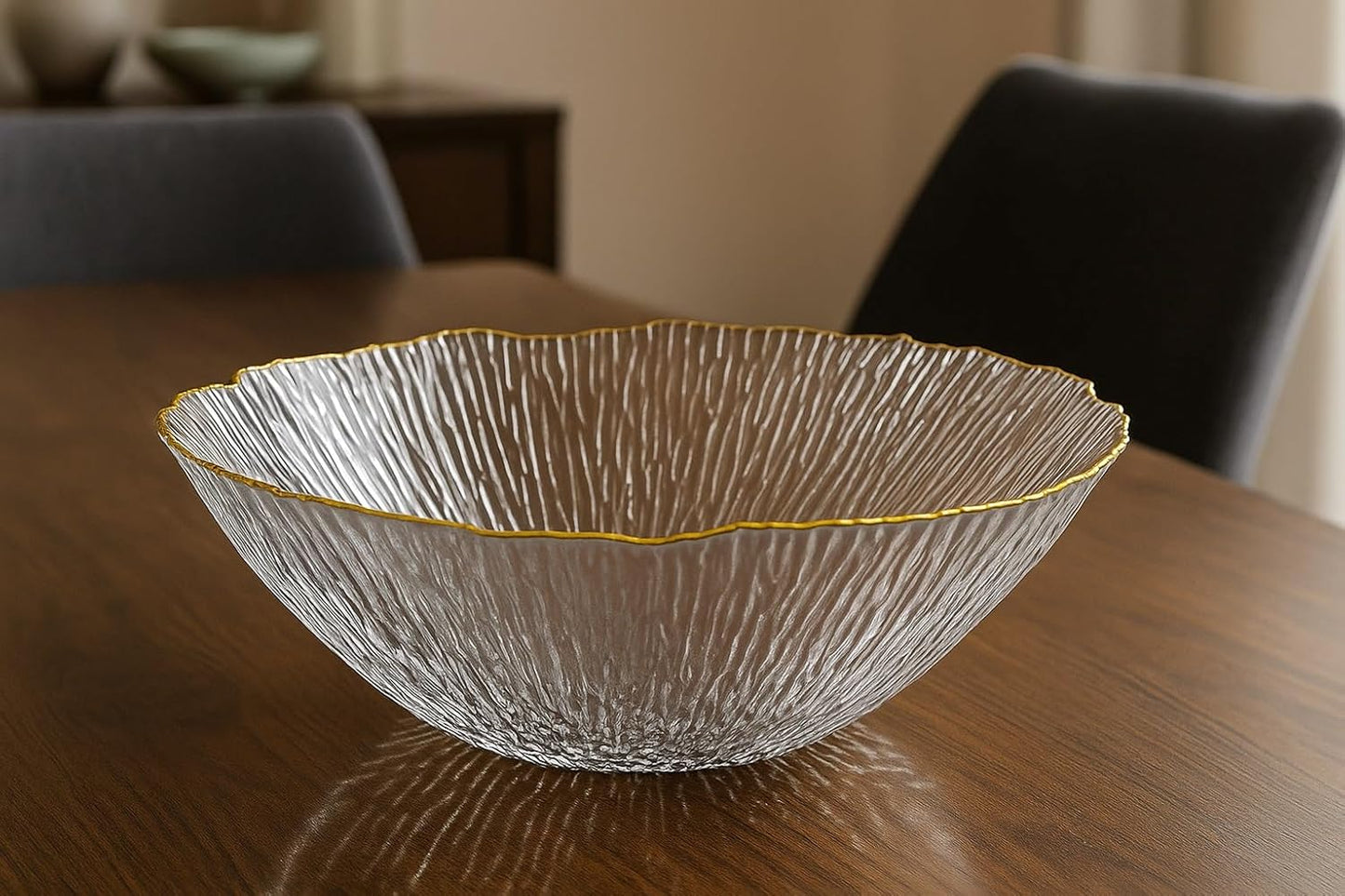 smart "serve" Bowl with Gold Rim Transparent Lead Free Glass | Elegant Premium Luxury Serving Bowl for Salads, Snacks & Desserts | Lead-Free Crystal Glass Tableware