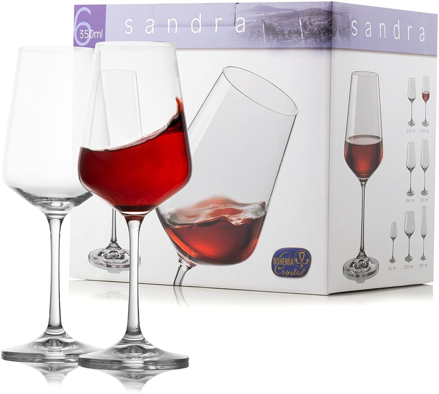 Bohemia Crystal Sandra Wine Glass Set, 350ml, Set of 6, Transparent