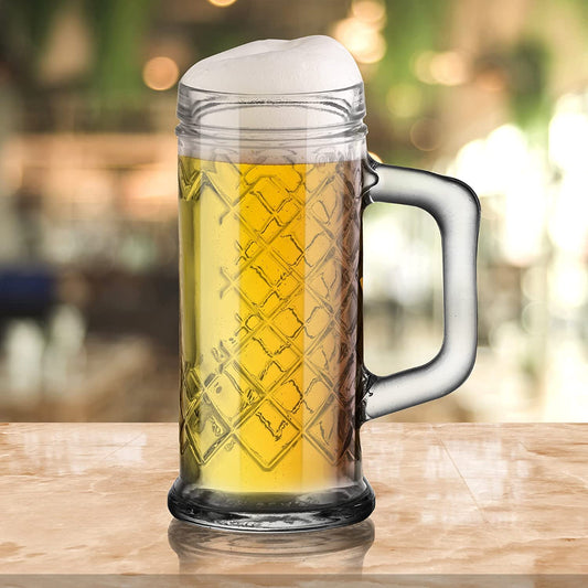 Rhombus Pattern Glass Beer Mug - Stylish glassware for beer enthusiasts.