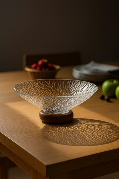 smart "serve" Premium Wooden Footed Bowl Transparent Lead Free Glass | Heavy Luxury Serving Bowl for Salads Snacks Fruits Desserts