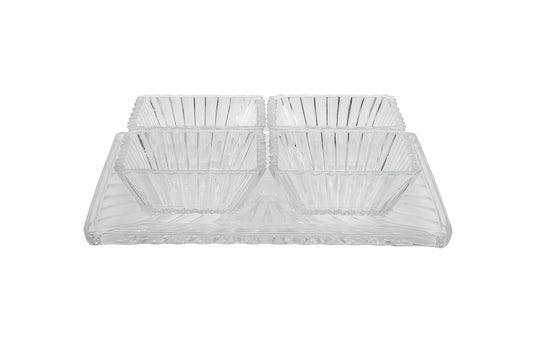 smart "serve" Tray with 4 Pcs Bowl Set Transparent Lead Free Glass | Premium Luxury Serving Set for Snacks, Dry Fruits & Desserts | Elegant Glassware for Home & Gifting