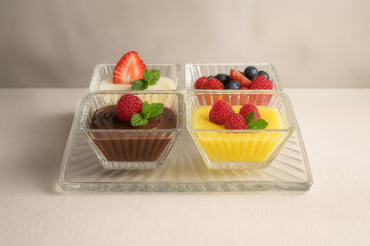 smart "serve" Tray with 4 Pcs Bowl Set Transparent Lead Free Glass | Premium Luxury Serving Set for Snacks, Dry Fruits & Desserts | Elegant Glassware for Home & Gifting