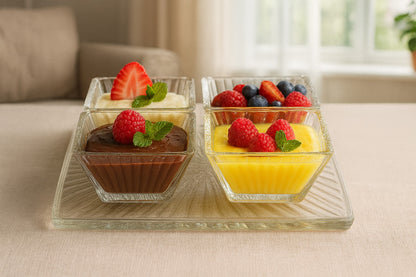 smart "serve" Tray with 4 Pcs Bowl Set Transparent Lead Free Glass | Premium Luxury Serving Set for Snacks, Dry Fruits & Desserts | Elegant Glassware for Home & Gifting
