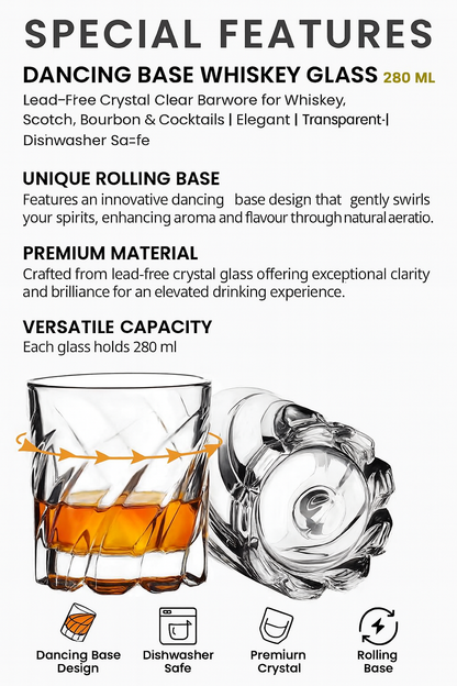 smart"serve" Dancing Base Whiskey Glasses 280 ml Set of 6 | Unique Rolling Crystal Glass for Scotch, Bourbon, Cocktails | Lead-Free, Dishwasher Safe, Premium Barware & Gift