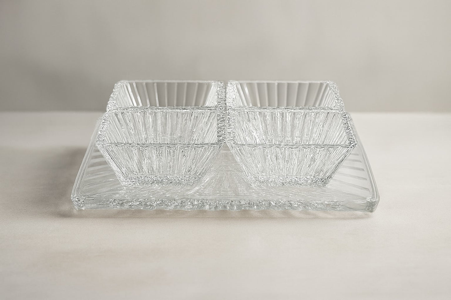 smart "serve" Tray with 4 Pcs Bowl Set Transparent Lead Free Glass | Premium Luxury Serving Set for Snacks, Dry Fruits & Desserts | Elegant Glassware for Home & Gifting