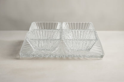 smart "serve" Tray with 4 Pcs Bowl Set Transparent Lead Free Glass | Premium Luxury Serving Set for Snacks, Dry Fruits & Desserts | Elegant Glassware for Home & Gifting