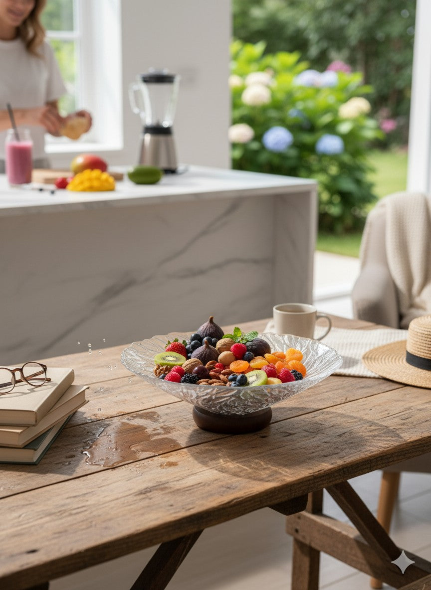 smart "serve" Premium Wooden Footed Bowl Transparent Lead Free Glass | Heavy Luxury Serving Bowl for Salads Snacks Fruits Desserts