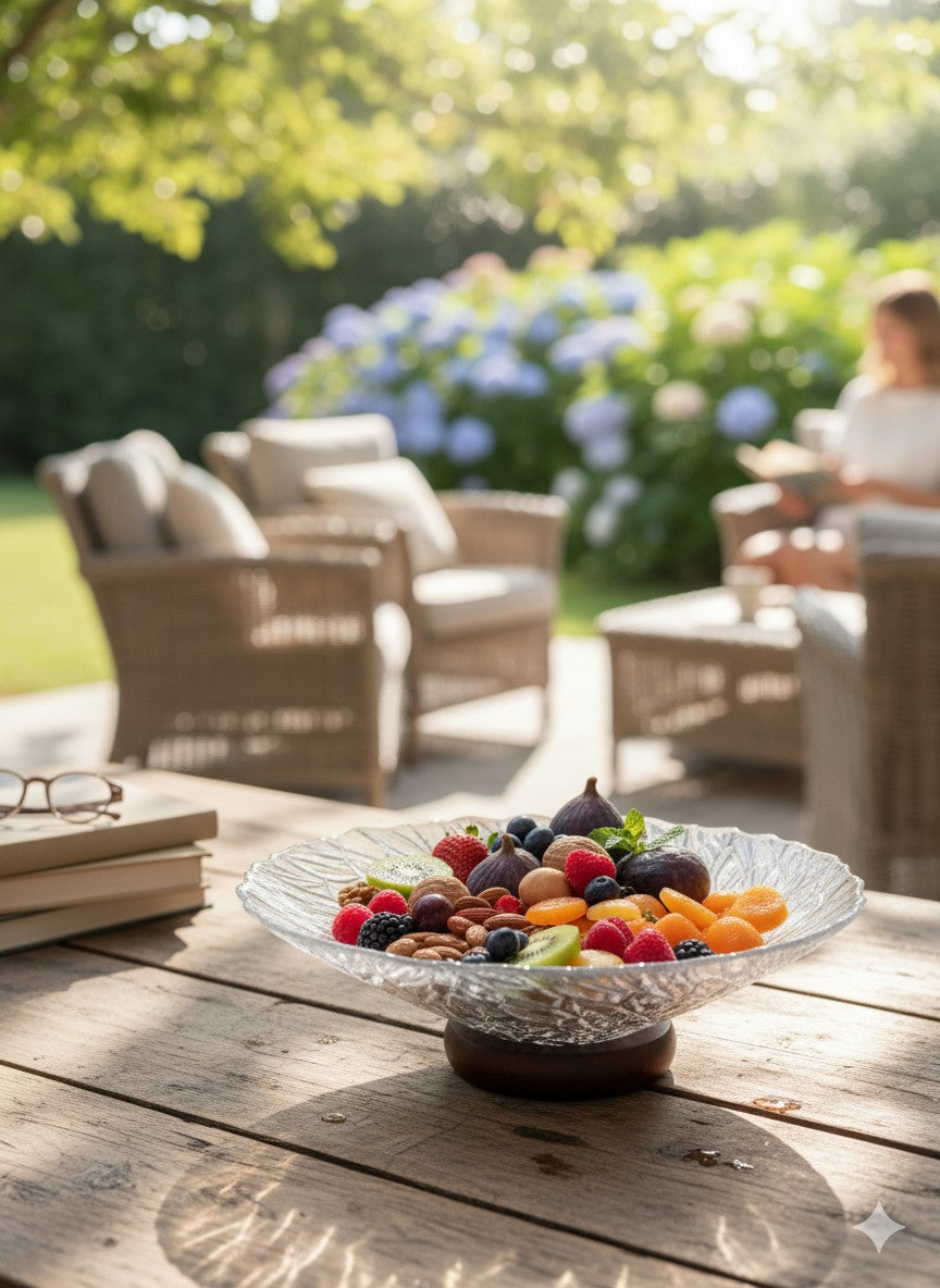 smart "serve" Premium Wooden Footed Bowl Transparent Lead Free Glass | Heavy Luxury Serving Bowl for Salads Snacks Fruits Desserts