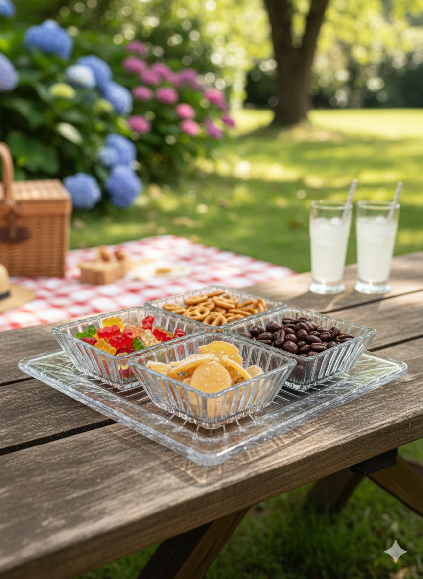 smart "serve" Tray with 4 Pcs Bowl Set Transparent Lead Free Glass | Premium Luxury Serving Set for Snacks, Dry Fruits & Desserts | Elegant Glassware for Home & Gifting