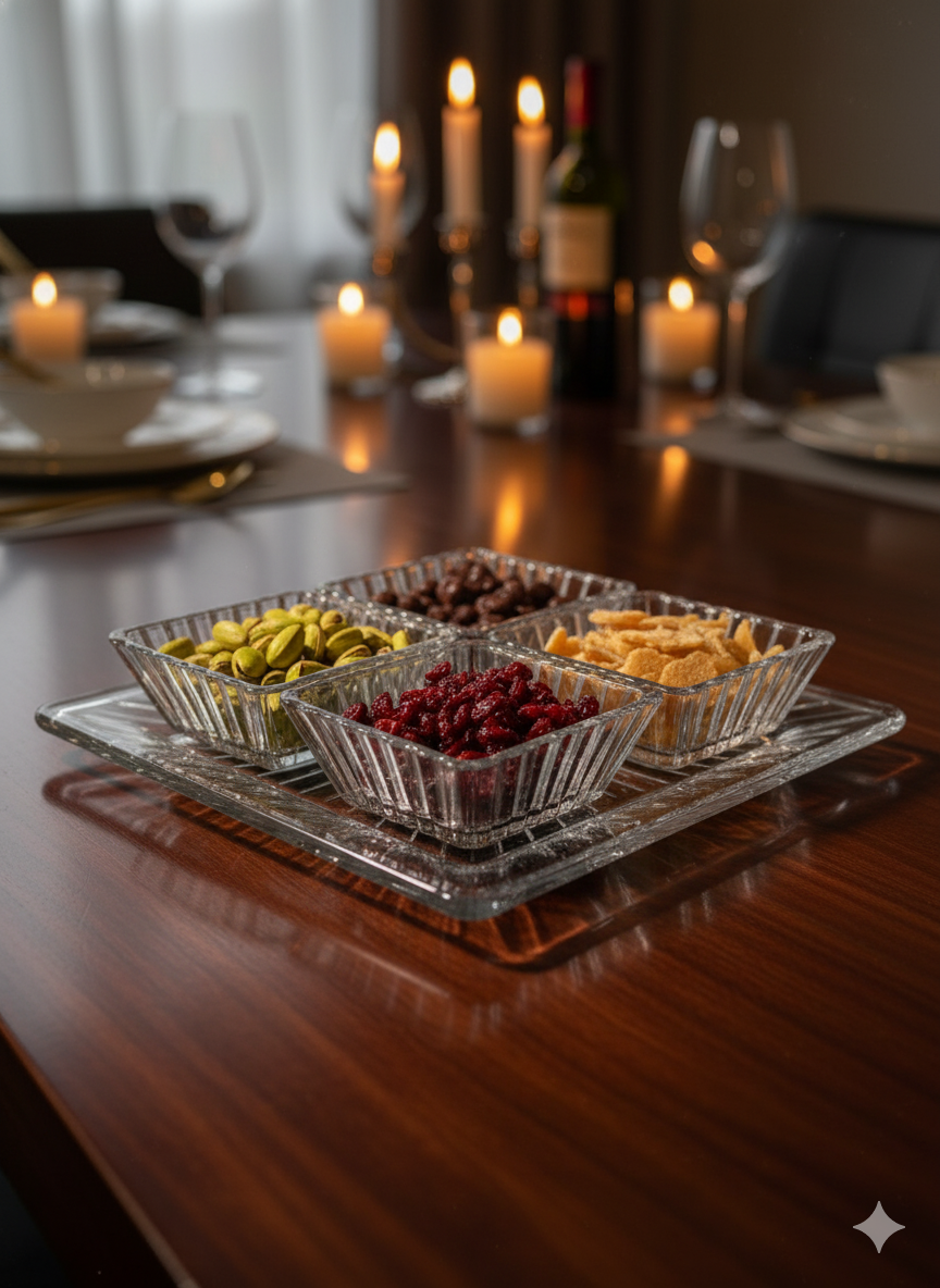 smart "serve" Tray with 4 Pcs Bowl Set Transparent Lead Free Glass | Premium Luxury Serving Set for Snacks, Dry Fruits & Desserts | Elegant Glassware for Home & Gifting