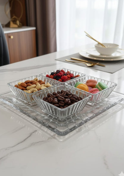smart "serve" Tray with 4 Pcs Bowl Set Transparent Lead Free Glass | Premium Luxury Serving Set for Snacks, Dry Fruits & Desserts | Elegant Glassware for Home & Gifting