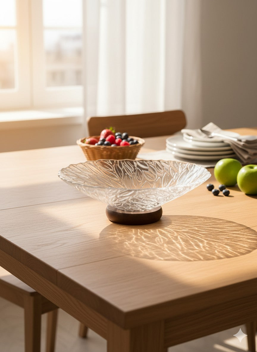 smart "serve" Premium Wooden Footed Bowl Transparent Lead Free Glass | Heavy Luxury Serving Bowl for Salads Snacks Fruits Desserts