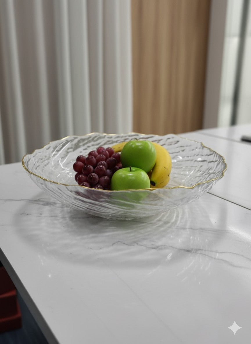 smart "serve" Fruit Bowl with Gold Rim Transparent Lead Free Glass | Premium Luxury Crystal Finish Bowl for Fruits, Salads & Desserts | Elegant Decorative & Serving Bowl for Home & Gifting