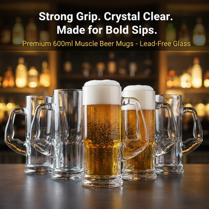 Smartserve Crystal Muscle Beer Mug Set of 6 | 600ml Heavy Clear Glass Beer Mugs | Premium Lead-Free Crystal Barware | Freezer Safe Thick Handle Large Beer Glass Set for Home, Bar & Parties