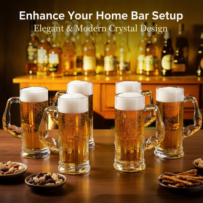Smartserve Crystal Muscle Beer Mug Set of 6 | 600ml Heavy Clear Glass Beer Mugs | Premium Lead-Free Crystal Barware | Freezer Safe Thick Handle Large Beer Glass Set for Home, Bar & Parties