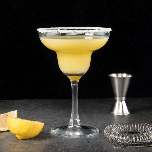 Fiesta Margarita Glass with salted rim and lime.