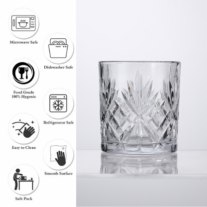 smart "serve" Diamond Cut Whiskey Glasses 340ml, Set of 6, Perfect Bar Glasses for Drinking Whisky, Bourbon, Scotch, Cocktails, Cognac- Old Fashioned Cocktail Tumblers, Classic Cut Design.