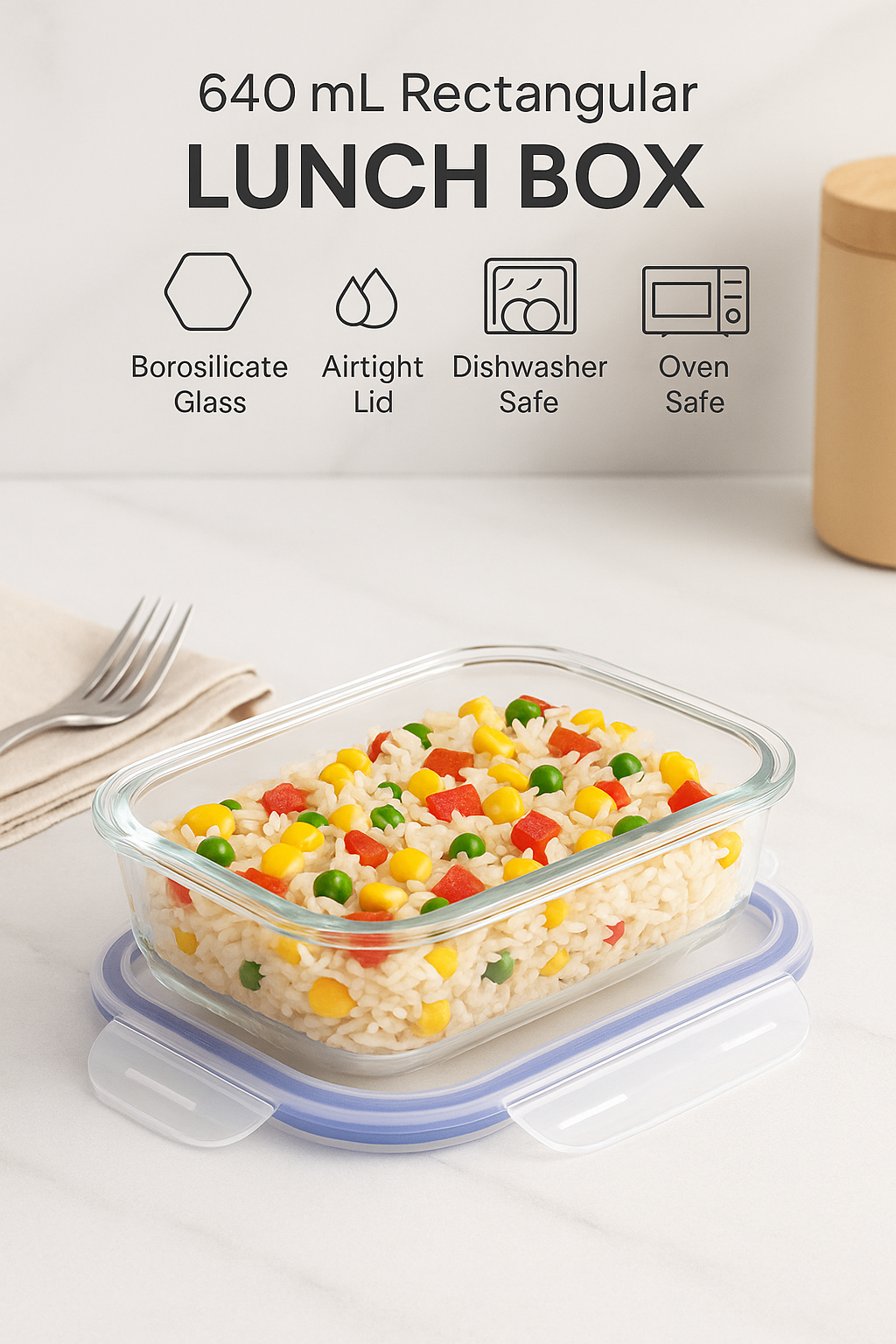 Smartserve Borosilicate Glass Lunch Box 640ml Set of 1, Borosilicate Glass, Microwave & Dishwasher Safe, Leak Proof, Airtight Lunch Boxes, Tiffin for Office/School/College, Blue, Transparent