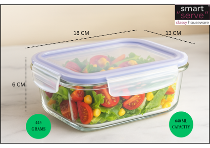 Smartserve Borosilicate Glass Lunch Box 640ml Set of 1, Borosilicate Glass, Microwave & Dishwasher Safe, Leak Proof, Airtight Lunch Boxes, Tiffin for Office/School/College, Blue, Transparent