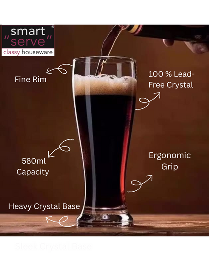 smart "serve" 580ml Tall Pilsner Beer Glass Set of 6 | Premium Transparent Glassware for Beer, Mocktails, Juice, Soda & More | Perfect for Home, Bar & Party Use | Gift Box | Imported Bar Weizen Glass