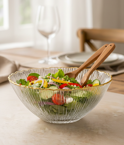 smart "serve" Bowl with Gold Rim Transparent Lead Free Glass | Elegant Premium Luxury Serving Bowl for Salads, Snacks & Desserts | Lead-Free Crystal Glass Tableware