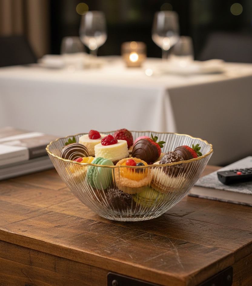 smart "serve" Bowl with Gold Rim Transparent Lead Free Glass | Elegant Premium Luxury Serving Bowl for Salads, Snacks & Desserts | Lead-Free Crystal Glass Tableware