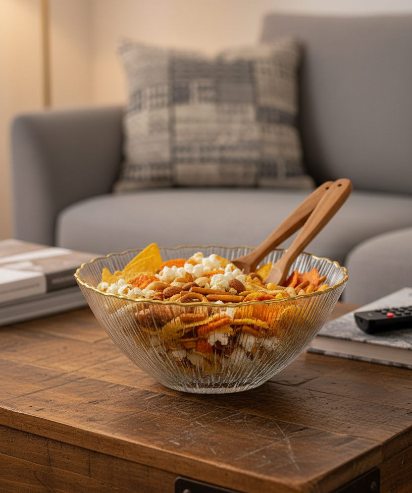 smart "serve" Bowl with Gold Rim Transparent Lead Free Glass | Elegant Premium Luxury Serving Bowl for Salads, Snacks & Desserts | Lead-Free Crystal Glass Tableware