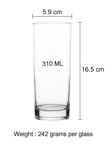 smart "serve" Classico High Ball Tall & Thin Glass 310 ml Set of 6 | Premium Transparent Lead Free Glass | Crystal Drinking Glasses for Cocktails, Juice & Water | Luxury Barware Glass Set