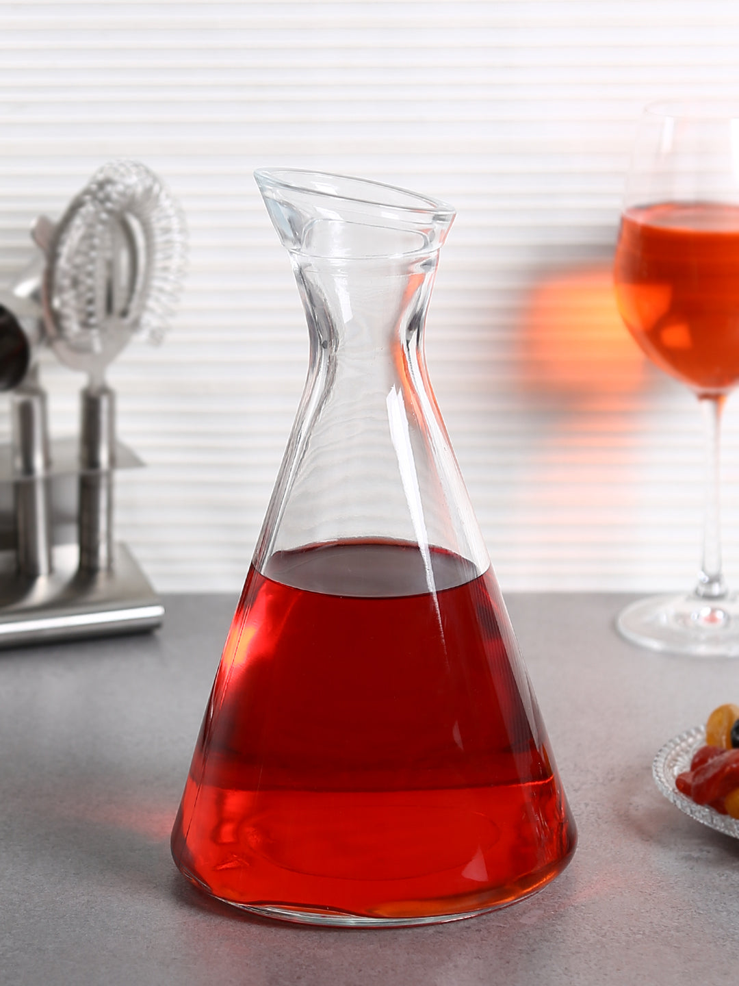 Decanter filled with wine.