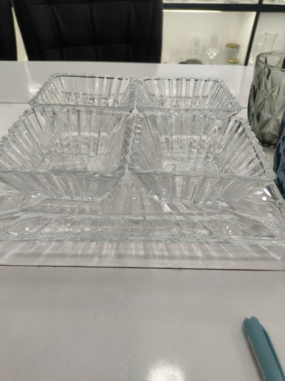 smart "serve" Tray with 4 Pcs Bowl Set Transparent Lead Free Glass | Premium Luxury Serving Set for Snacks, Dry Fruits & Desserts | Elegant Glassware for Home & Gifting