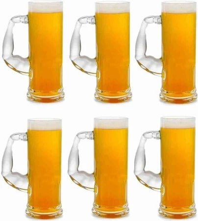 Smartserve Crystal Muscle Beer Mug Set of 6 | 600ml Heavy Clear Glass Beer Mugs | Premium Lead-Free Crystal Barware | Freezer Safe Thick Handle Large Beer Glass Set for Home, Bar & Parties