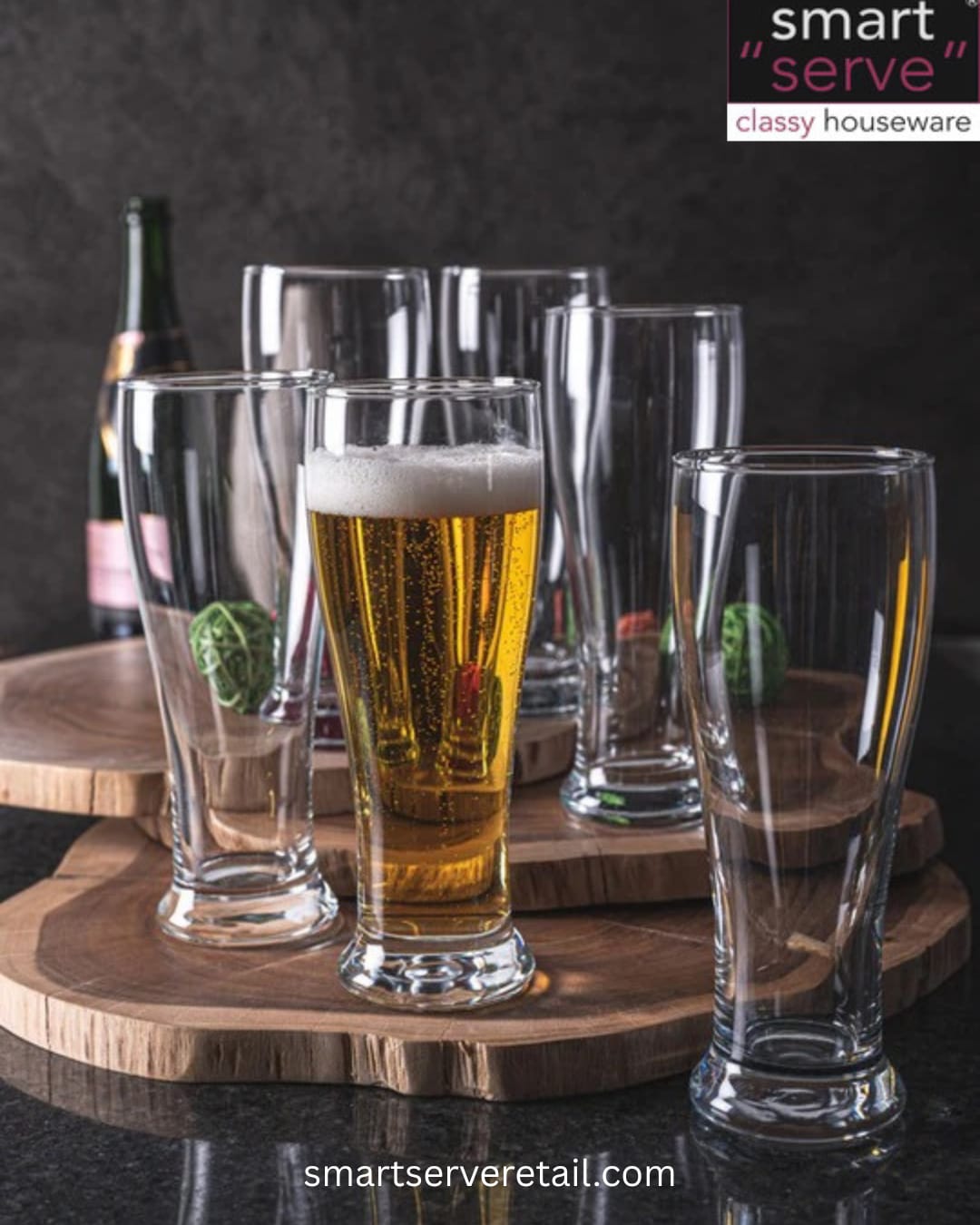 smart "serve" 580ml Tall Pilsner Beer Glass Set of 6 | Premium Transparent Glassware for Beer, Mocktails, Juice, Soda & More | Perfect for Home, Bar & Party Use | Gift Box | Imported Bar Weizen Glass