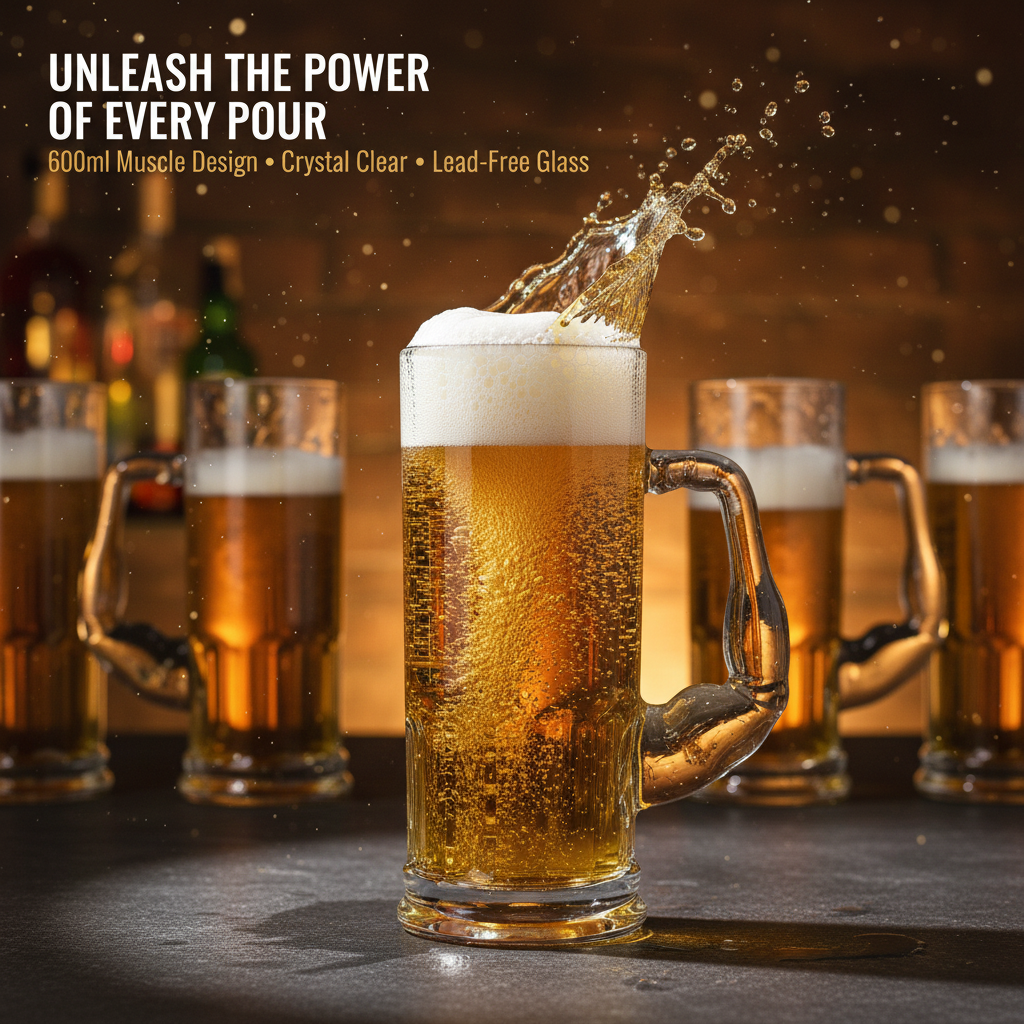 Smartserve Crystal Muscle Beer Mug Set of 6 | 600ml Heavy Clear Glass Beer Mugs | Premium Lead-Free Crystal Barware | Freezer Safe Thick Handle Large Beer Glass Set for Home, Bar & Parties