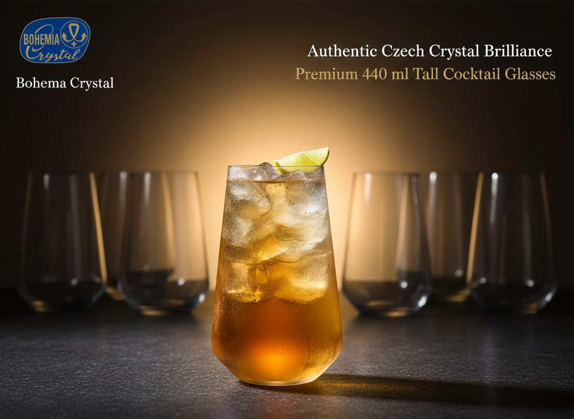 Bohemia Crystal Sandra Tall Cocktail Glasses 440 ml – Set of 6 | Lead-Free Czech Crystal Tumblers | Elegant Glassware for Cocktails, Whiskey, Bourbon, Scotch & Mixed Drinks | Dishwasher Safe
