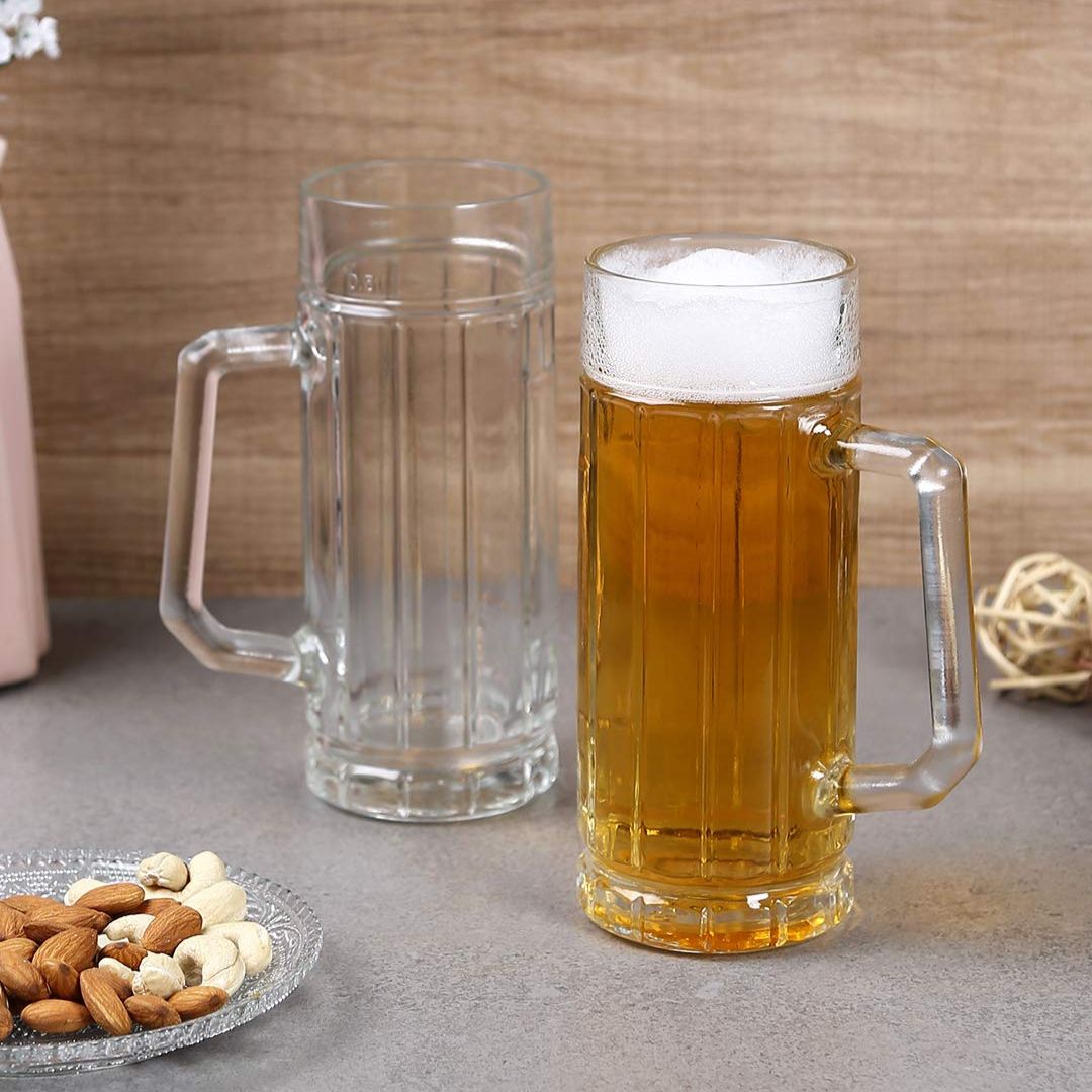 Versatile Beer Mug with Parallel Lines Pattern - Perfect for various beverages.Sophisticated Beer Mug with Large Handles - Crafted for comfortable grip.