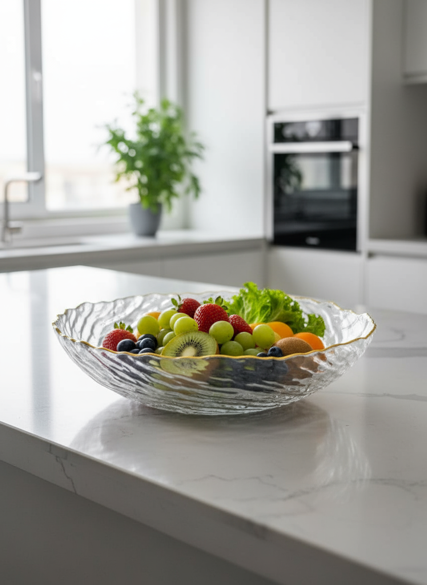 smart "serve" Fruit Bowl with Gold Rim Transparent Lead Free Glass | Premium Luxury Crystal Finish Bowl for Fruits, Salads & Desserts | Elegant Decorative & Serving Bowl for Home & Gifting