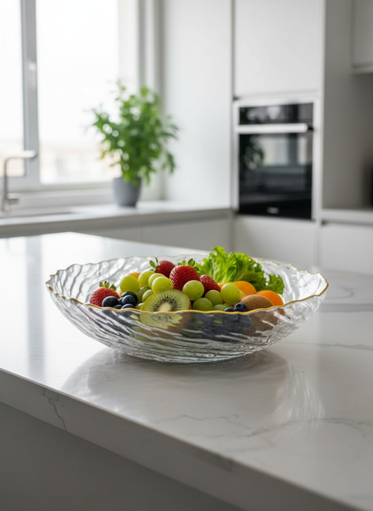 smart "serve" Fruit Bowl with Gold Rim Transparent Lead Free Glass | Premium Luxury Crystal Finish Bowl for Fruits, Salads & Desserts | Elegant Decorative & Serving Bowl for Home & Gifting