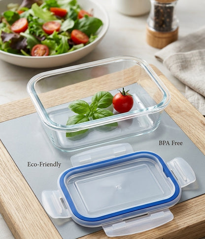 Smartserve Rectangle Borosilicate Glass Lunch Box Set of 2, 370 ML Each | Food Storage Containers with Lids | Meal Prep, Snacks, Office & Home Use