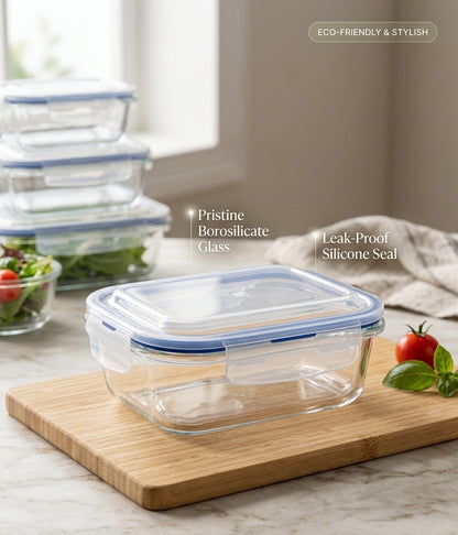 Smartserve Rectangle Borosilicate Glass Lunch Box Set of 2, 370 ML Each | Food Storage Containers with Lids | Meal Prep, Snacks, Office & Home Use