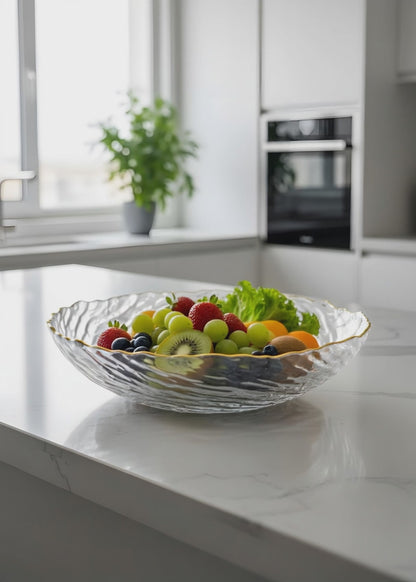 smart "serve" Fruit Bowl with Gold Rim Transparent Lead Free Glass | Premium Luxury Crystal Finish Bowl for Fruits, Salads & Desserts | Elegant Decorative & Serving Bowl for Home & Gifting