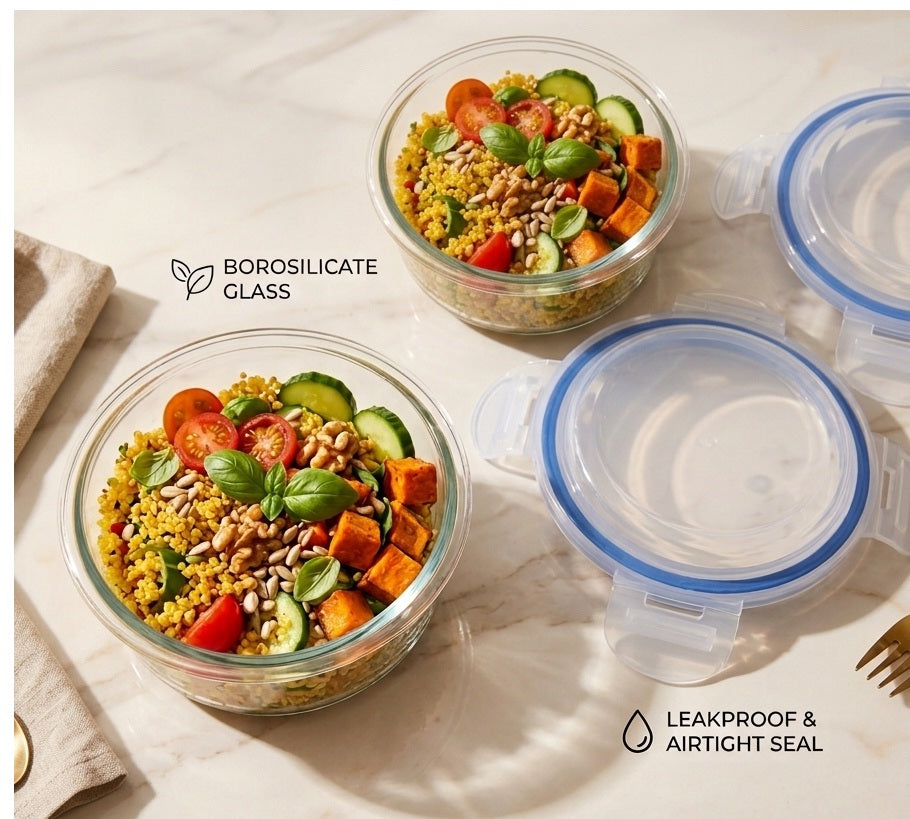 Smartserve Round Borosilicate Glass Lunch Box Set of 2, 370 ML Each | Food Storage Containers with Lids | Snacks, Dry Fruits, Meal Prep & Office Use