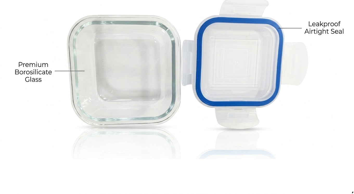 Smartserve Square Borosilicate Glass Container with Blue PP Lid, 310 ML Set of 2 | Food Storage & Meal Prep Containers | Kitchen, Office & Home Use