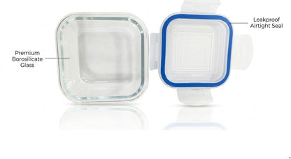Smartserve Square Borosilicate Glass Container with Blue PP Lid, 310 ML Set of 2 | Food Storage & Meal Prep Containers | Kitchen, Office & Home Use